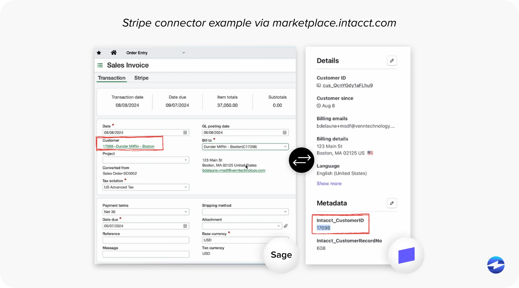 Stripe connector example via marketplace.intacct.com
