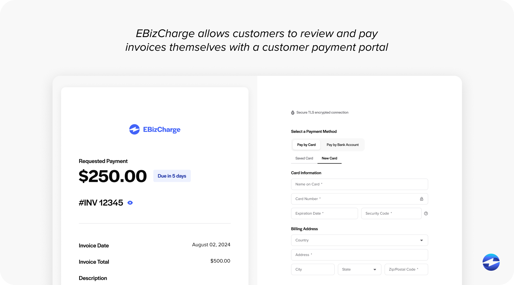 EBizCharge allows customers to review and pay invoices themselves with a customer payment portal