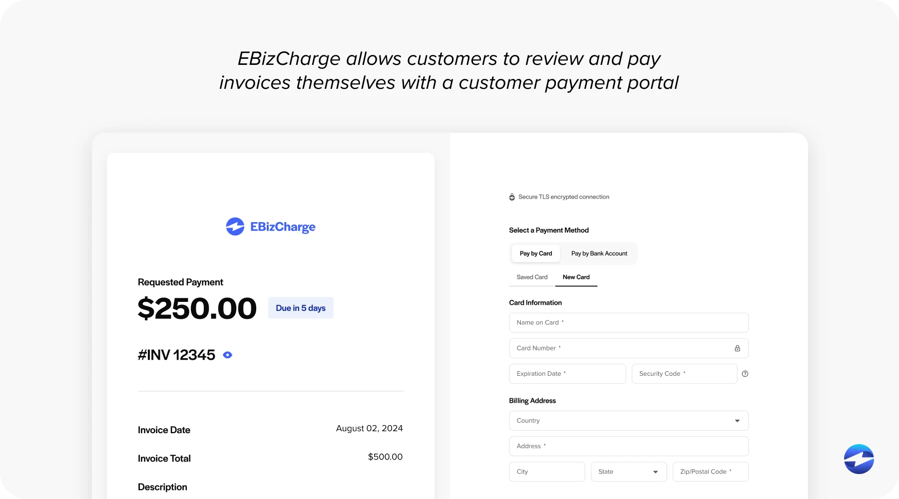 EBizCharge allows customers to review and pay invoices themselves with a customer payment portal