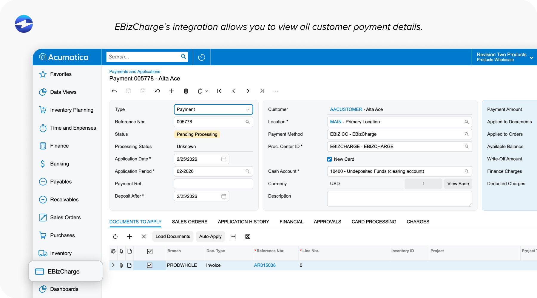 EBizCharge’s integration allows you to view all customer payment details