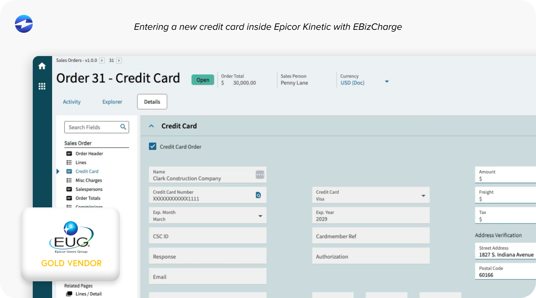 Entering a new credit card inside Epicor Kinetic with EBizCharge