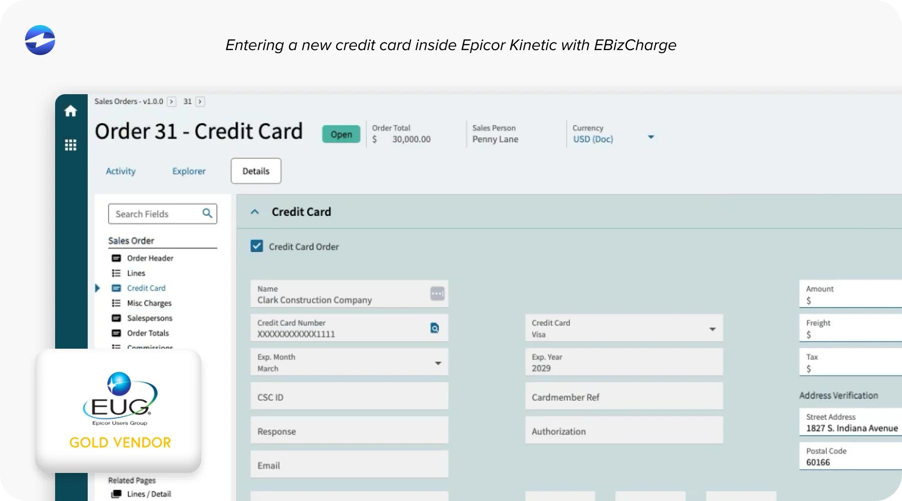 Entering a new credit card inside Epicor Kinetic with EBizCharge