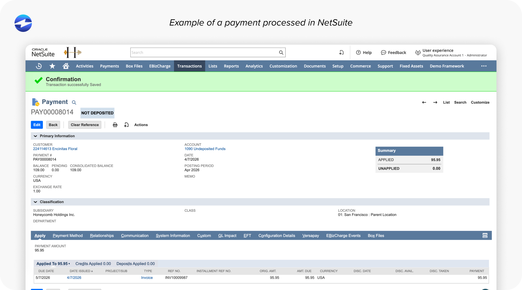 Example of a payment processed in NetSuite