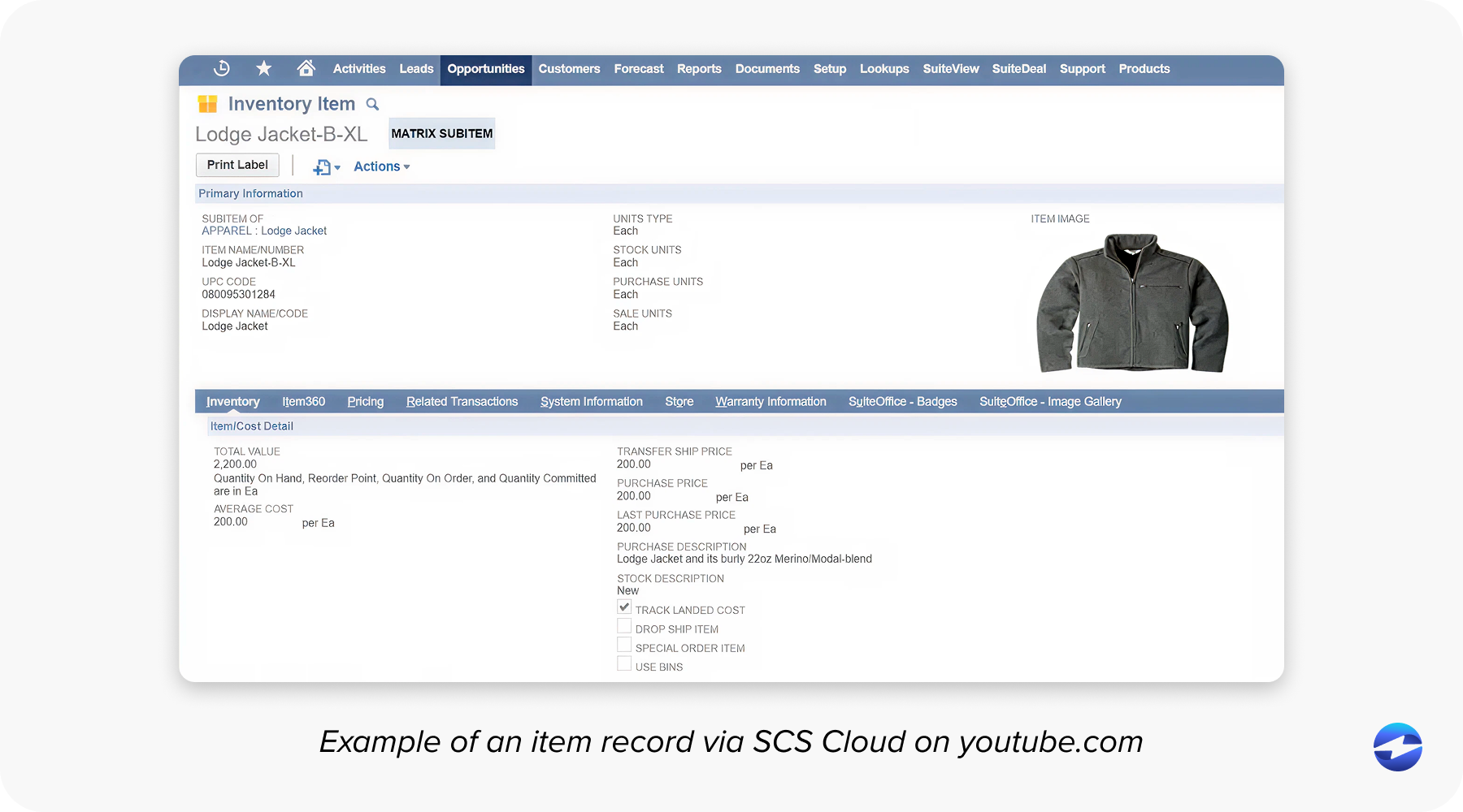 Example of an item record via SCS Cloud on youtube.com
