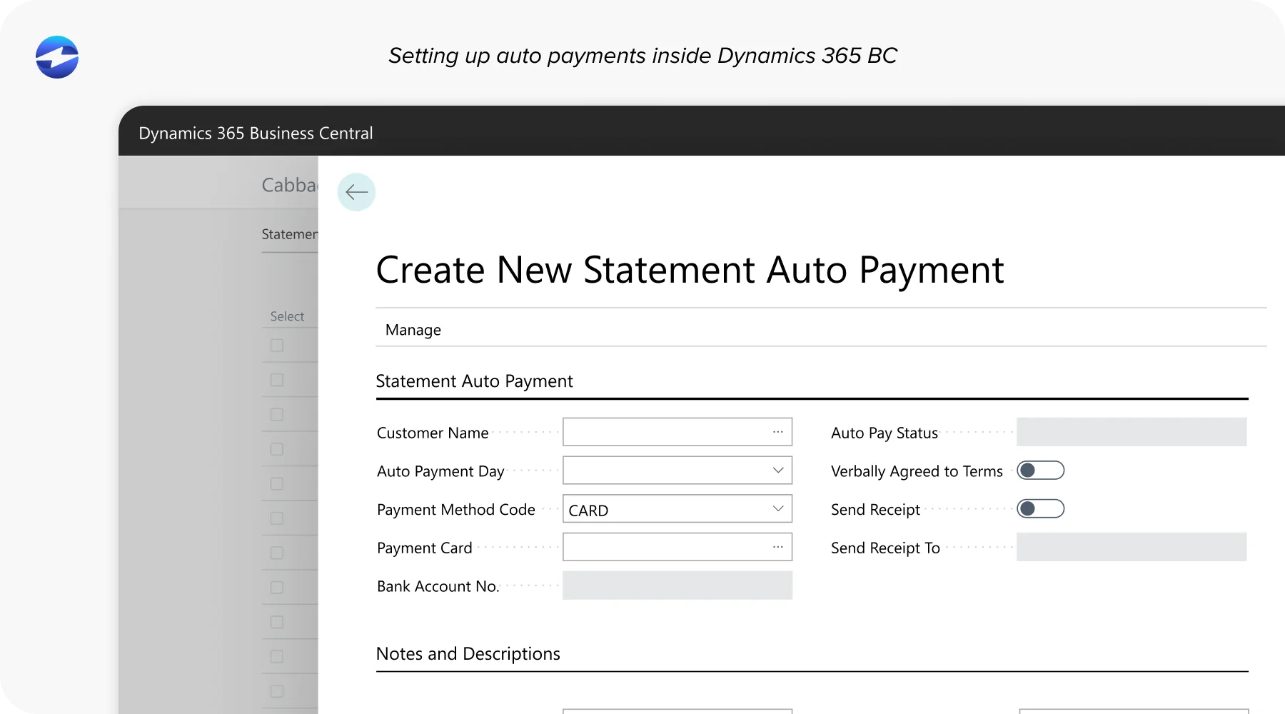 Setting up auto payments inside Microsoft Dynamics 365 BC