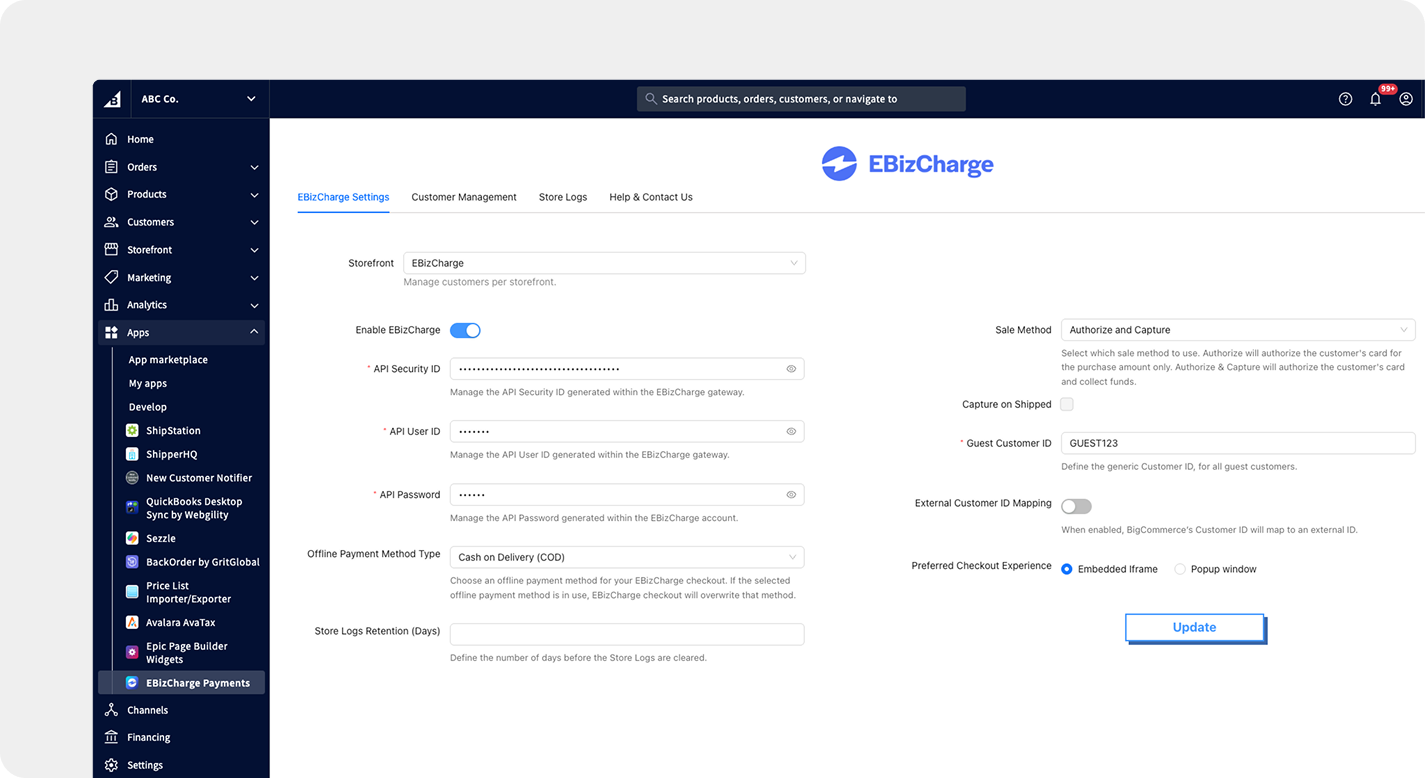 BigCommerce settings BigCommerce settings