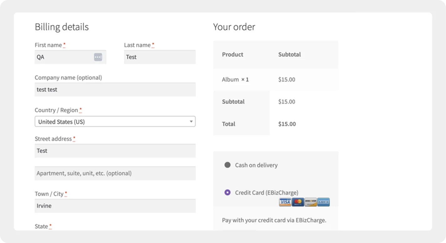WooCommerce payment gateway ebizcharge integration