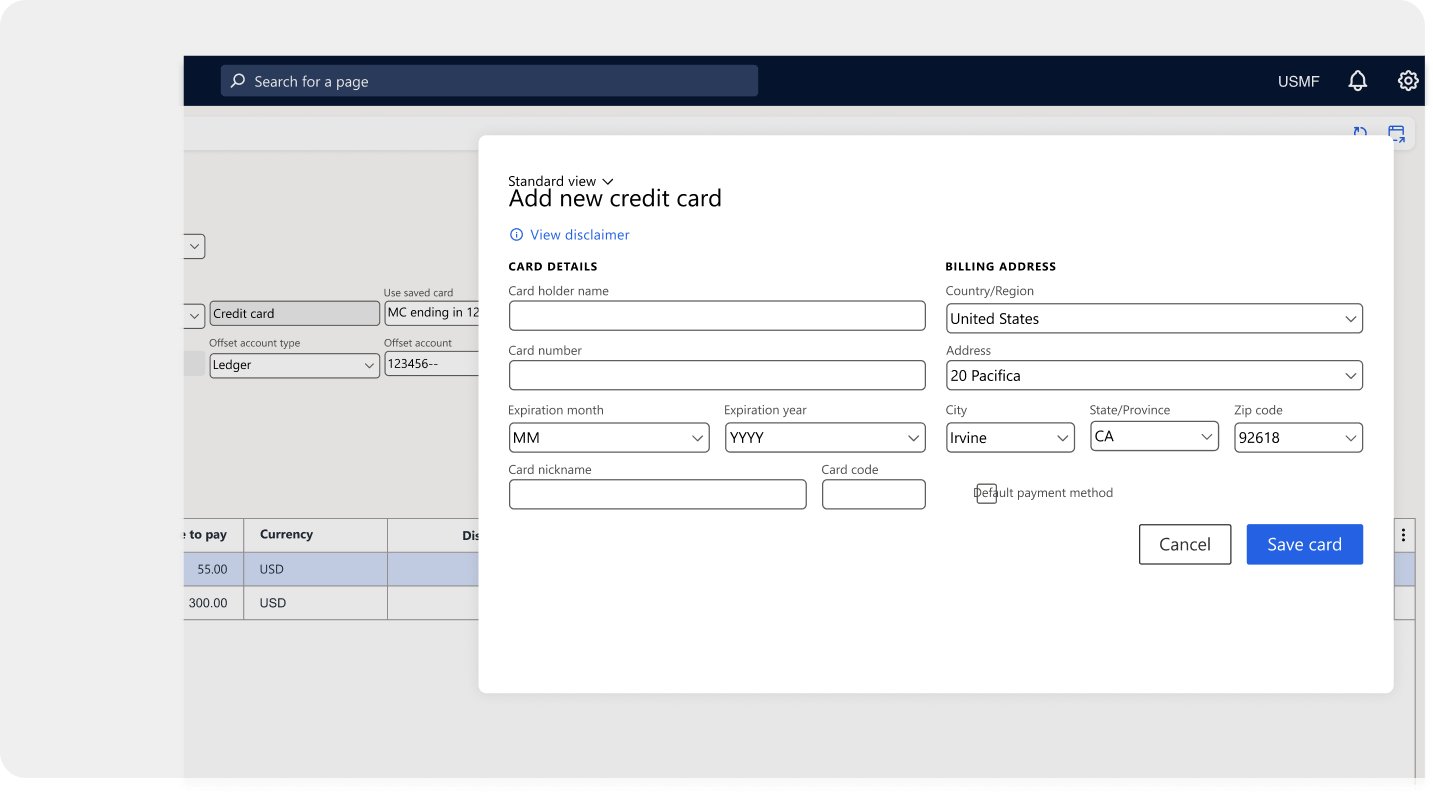 add new credit card in microsoft dynamics 365 f and o