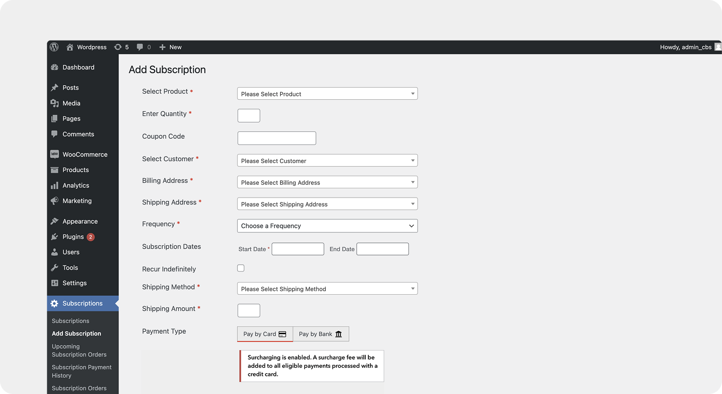 add subscription payment in woocommerce with EBizCharge
