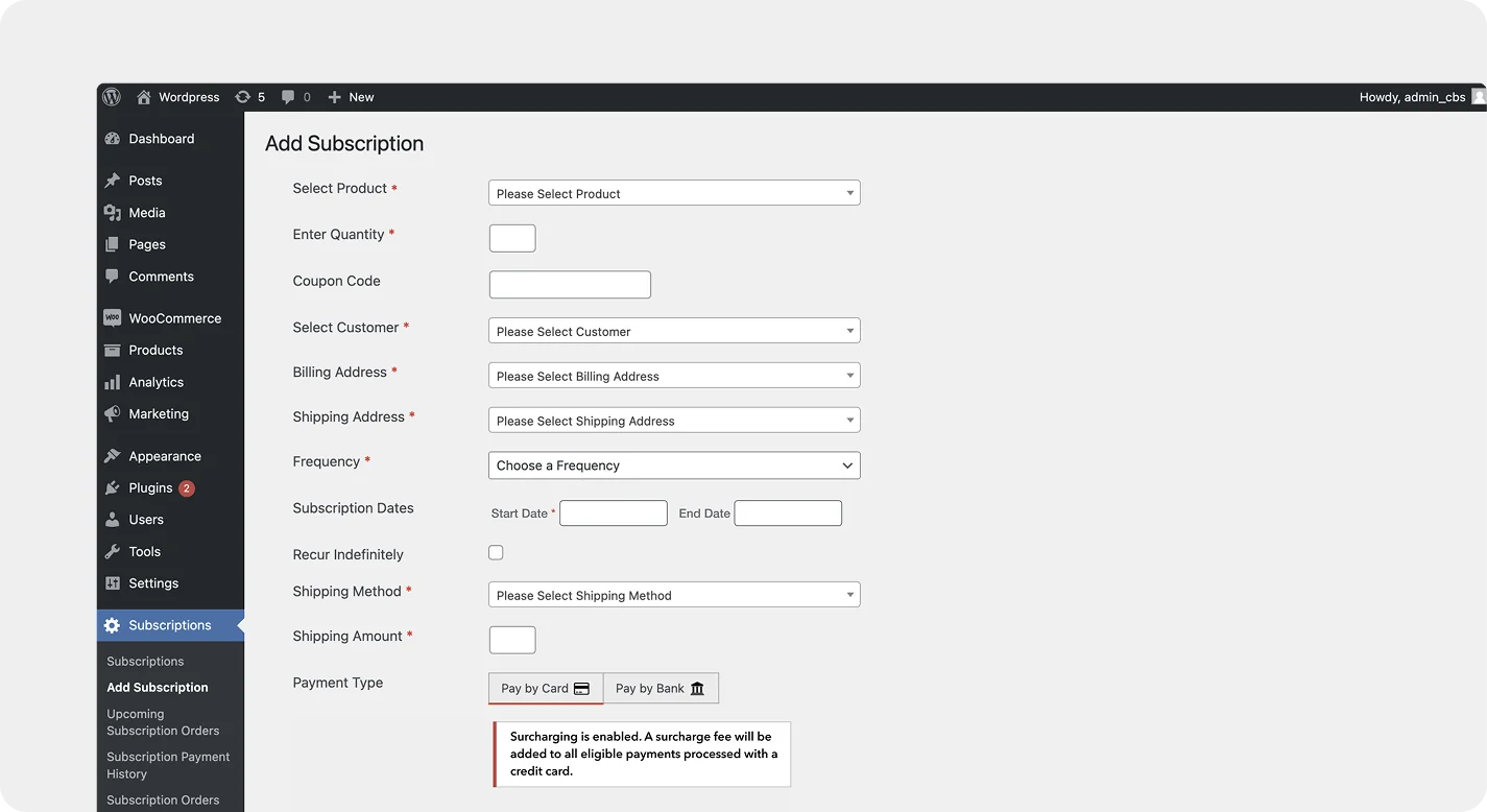 add subscription payment in woocommerce with EBizCharge