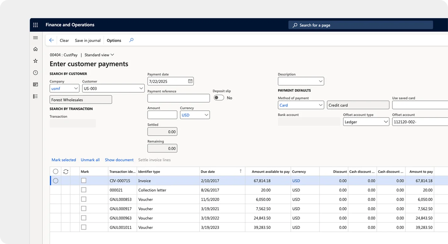 microsoft dnyamics 365 f&o accept payments