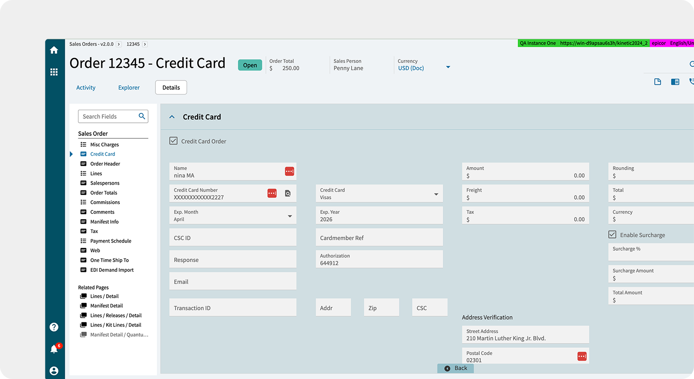 Epicor Kinetic credit card processing