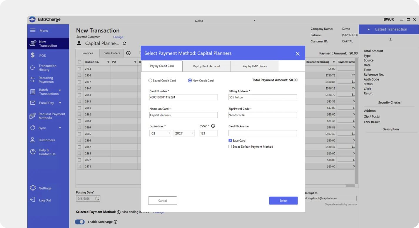 Sage business works select payment method