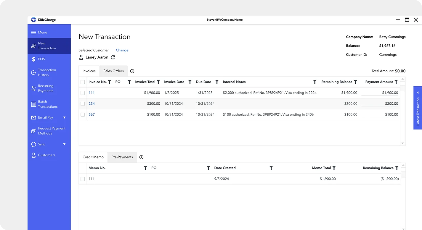 Sage business works new transaction